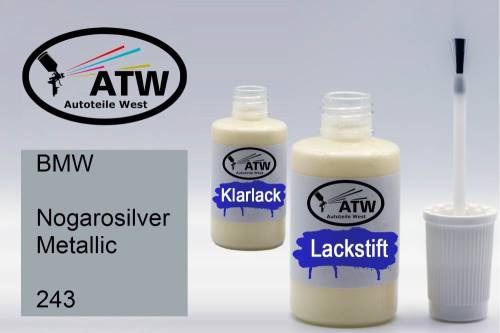 BMW, Nogarosilver Metallic, 243: 20ml Lackstift + 20ml Klarlack - Set, von ATW Autoteile West.